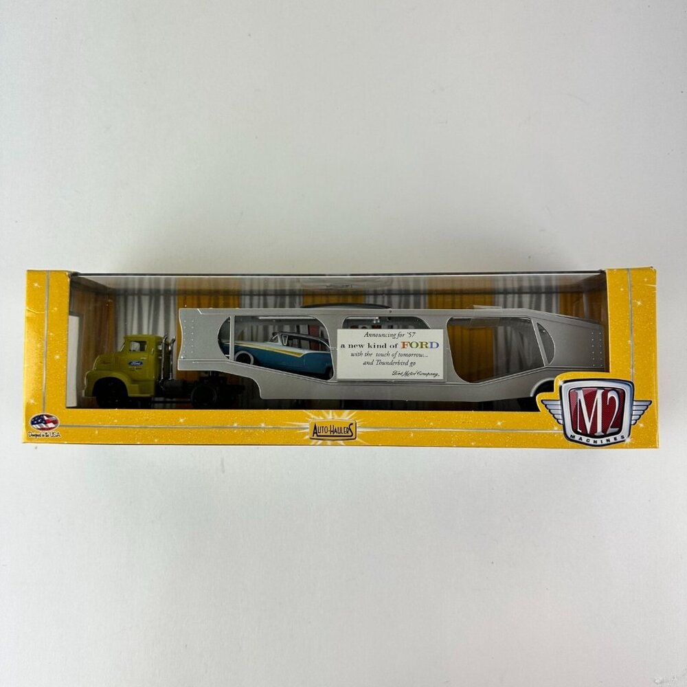 M2 Machines 1956 Ford F-100 Diecast Auto-Hauler Set With Blue & White Car